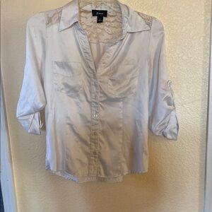 White Ruffled Button Down Top with Cuffed Sleeves and Notched Collar